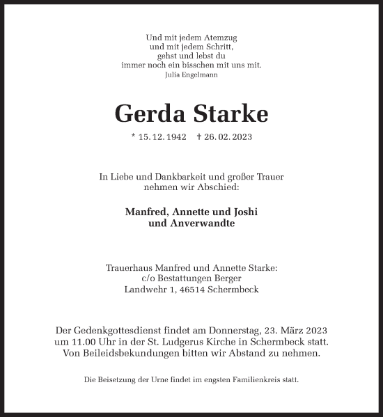 Traueranzeige von Gerda Starke von Ruhr Nachrichten und Dorstener Zeitung