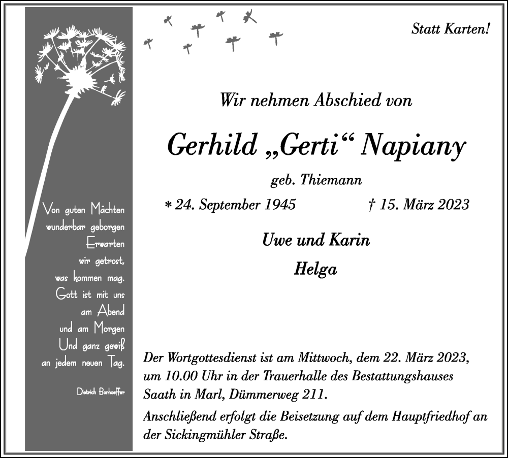  Traueranzeige für Gerhild Napiany vom 18.03.2023 aus Medienhaus Bauer