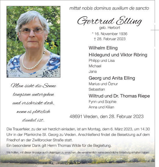 Traueranzeige von Gertrud Elling von Münstersche Zeitung und Münsterland Zeitung