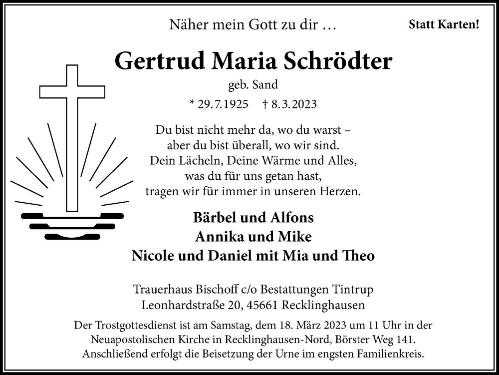  Traueranzeige für Gertrud Maria Schrödter vom 11.03.2023 aus Medienhaus Bauer