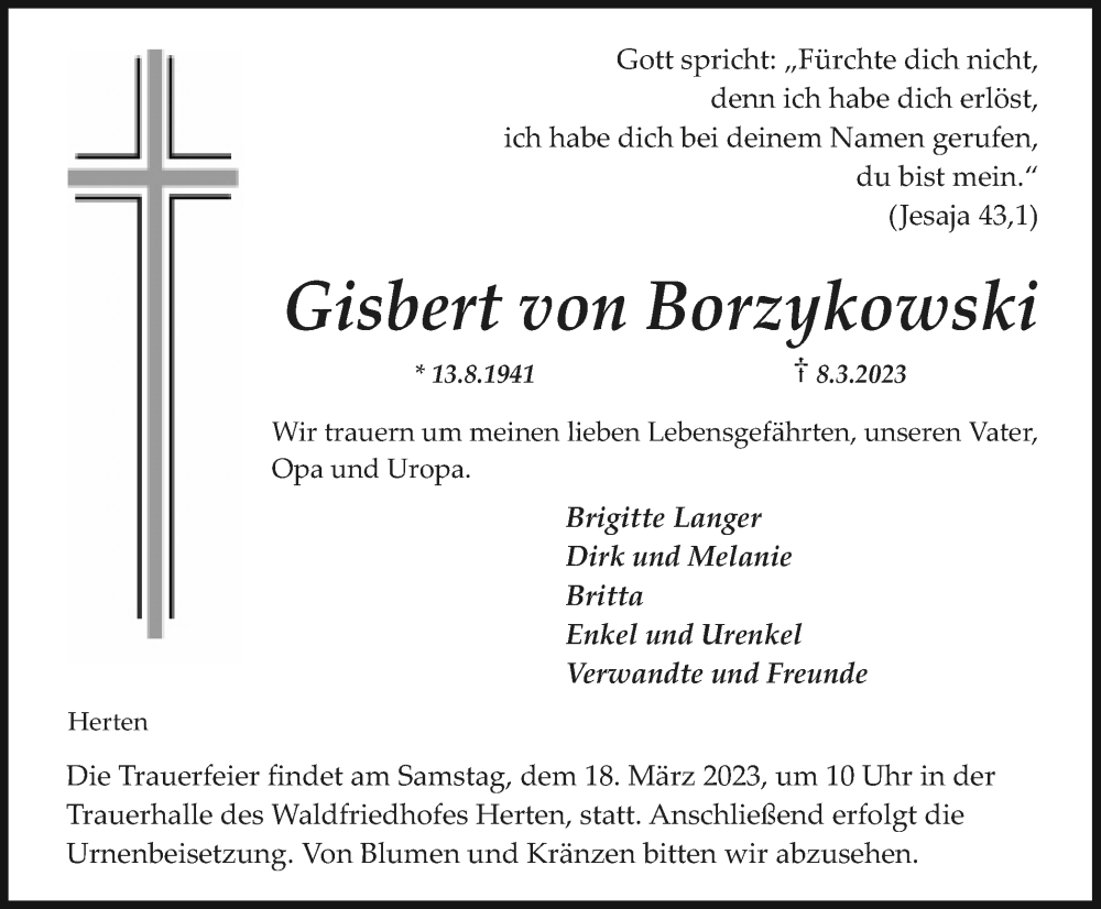  Traueranzeige für Gisbert von Borzykowski vom 11.03.2023 aus Medienhaus Bauer