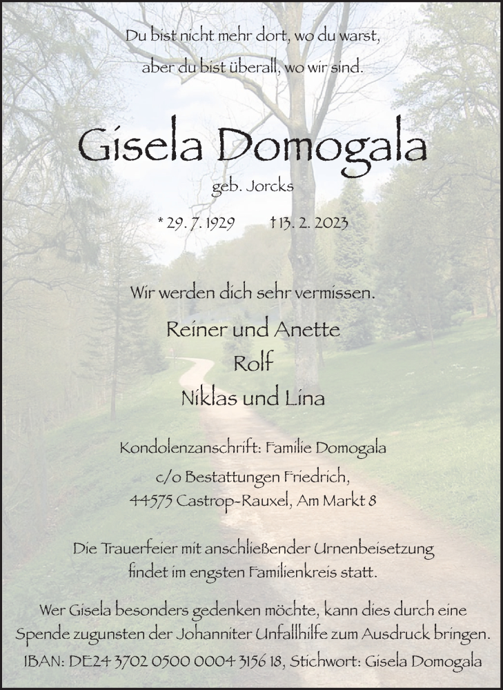  Traueranzeige für Gisela Domogala vom 04.03.2023 aus Medienhaus Bauer