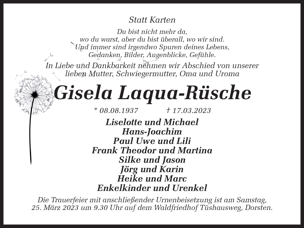  Traueranzeige für Gisela Laqua-Rüsche vom 23.03.2023 aus Ruhr Nachrichten und Dorstener Zeitung