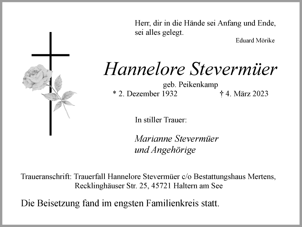  Traueranzeige für Hannelore Stevermüer vom 11.03.2023 aus Ruhr Nachrichten und Halterner Zeitung