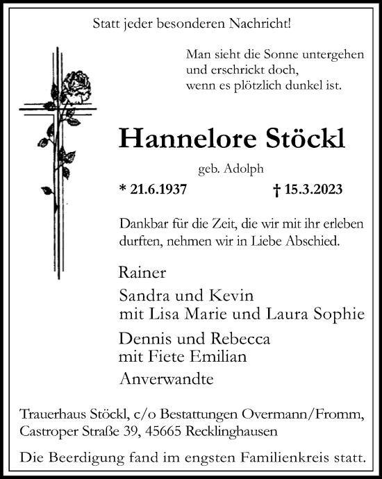 Traueranzeige von Hannelore Stöckl von Medienhaus Bauer