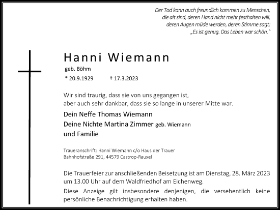 Traueranzeige von Hanni Wiemann von Ruhr Nachrichten