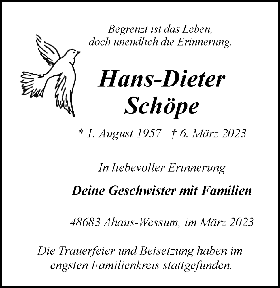  Traueranzeige für Hans-Dieter Schöpe vom 18.03.2023 aus Münstersche Zeitung und Münsterland Zeitung