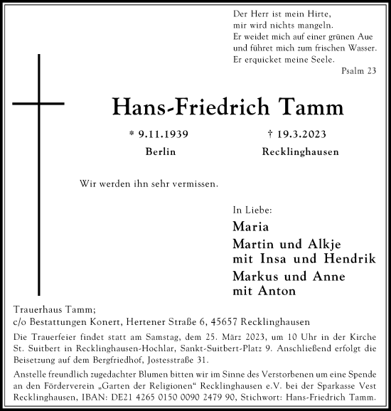 Traueranzeige von Hans-Friedrich Tamm von Medienhaus Bauer