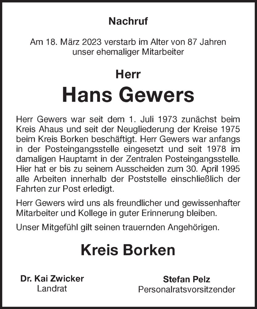  Traueranzeige für Hans Gewers vom 25.03.2023 aus Münstersche Zeitung und Münsterland Zeitung