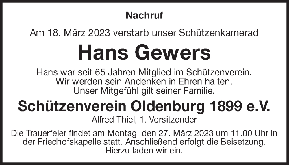  Traueranzeige für Hans Gewers vom 25.03.2023 aus Münstersche Zeitung und Münsterland Zeitung