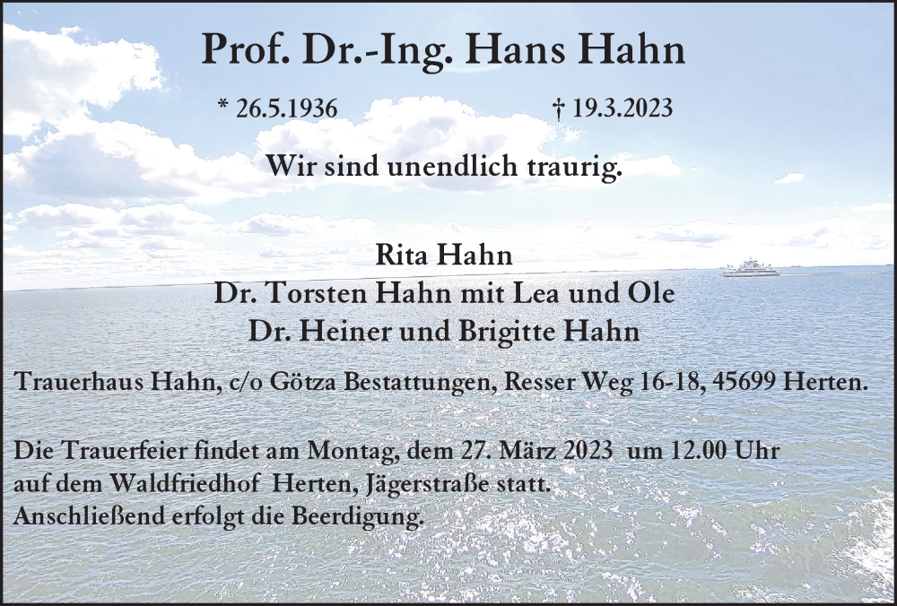  Traueranzeige für Hans Hahn vom 23.03.2023 aus Medienhaus Bauer