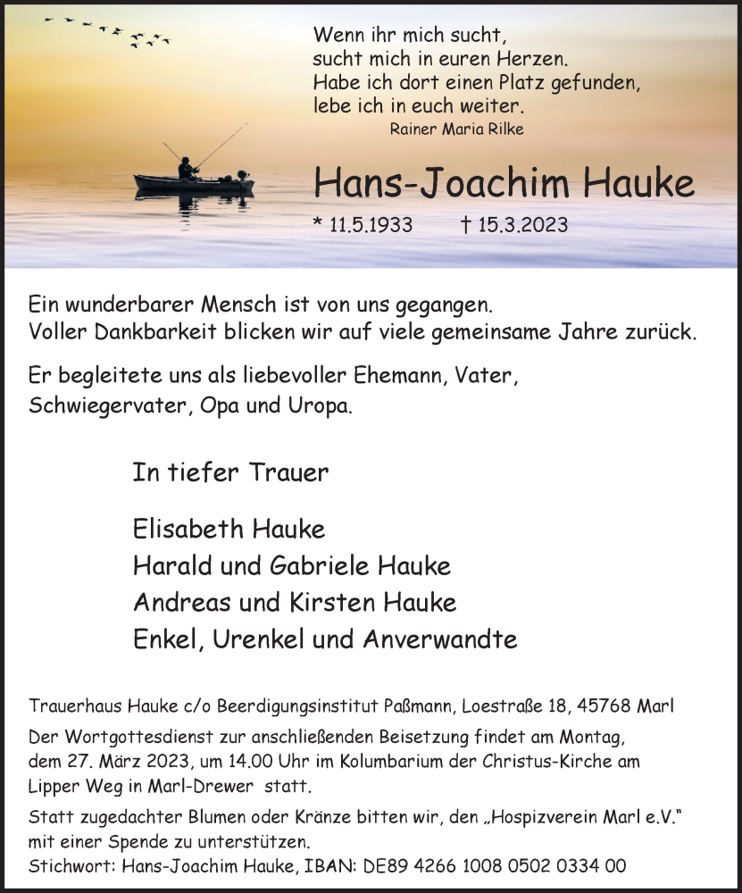  Traueranzeige für Hans-Joachim Hauke vom 18.03.2023 aus Medienhaus Bauer