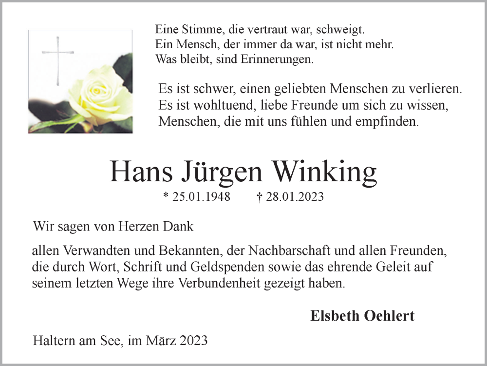  Traueranzeige für Hans Jürgen Winking vom 02.03.2023 aus Ruhr Nachrichten und Halterner Zeitung