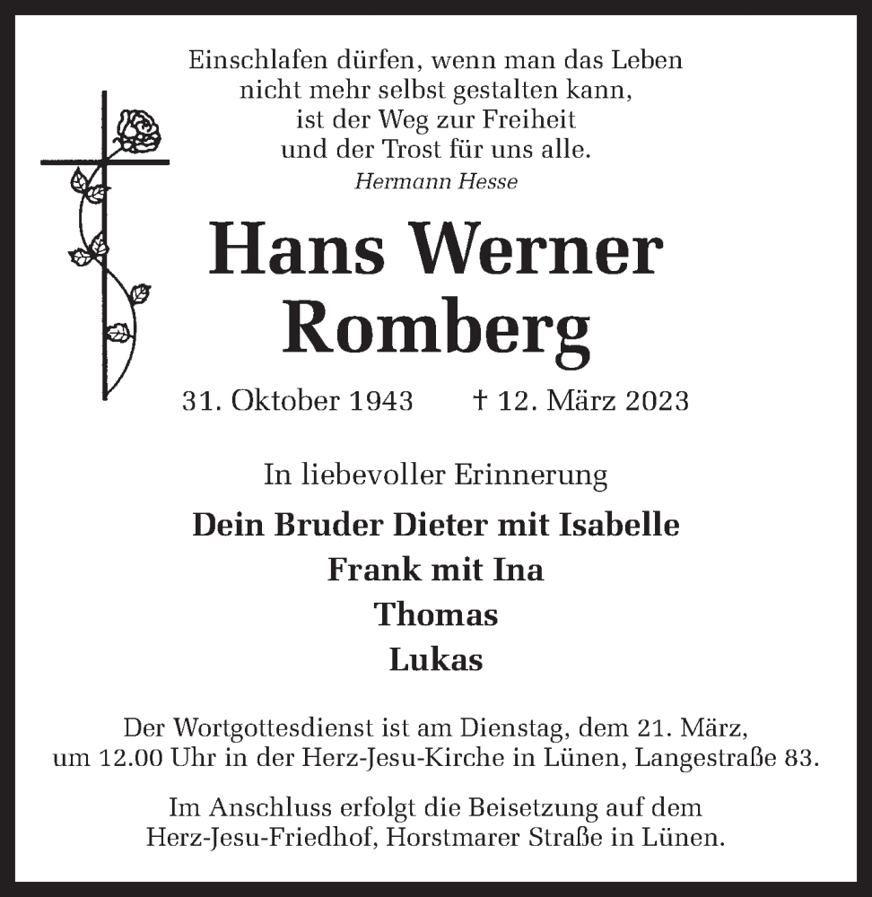  Traueranzeige für Hans Werner Romberg vom 18.03.2023 aus Ruhr Nachrichten