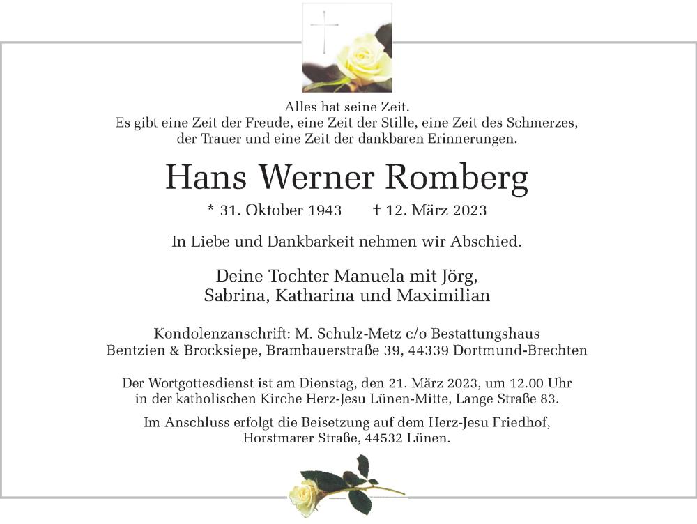  Traueranzeige für Hans Werner Romberg vom 18.03.2023 aus Ruhr Nachrichten