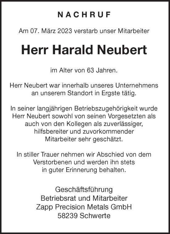 Traueranzeige von Harald Neubert von Ruhr Nachrichten