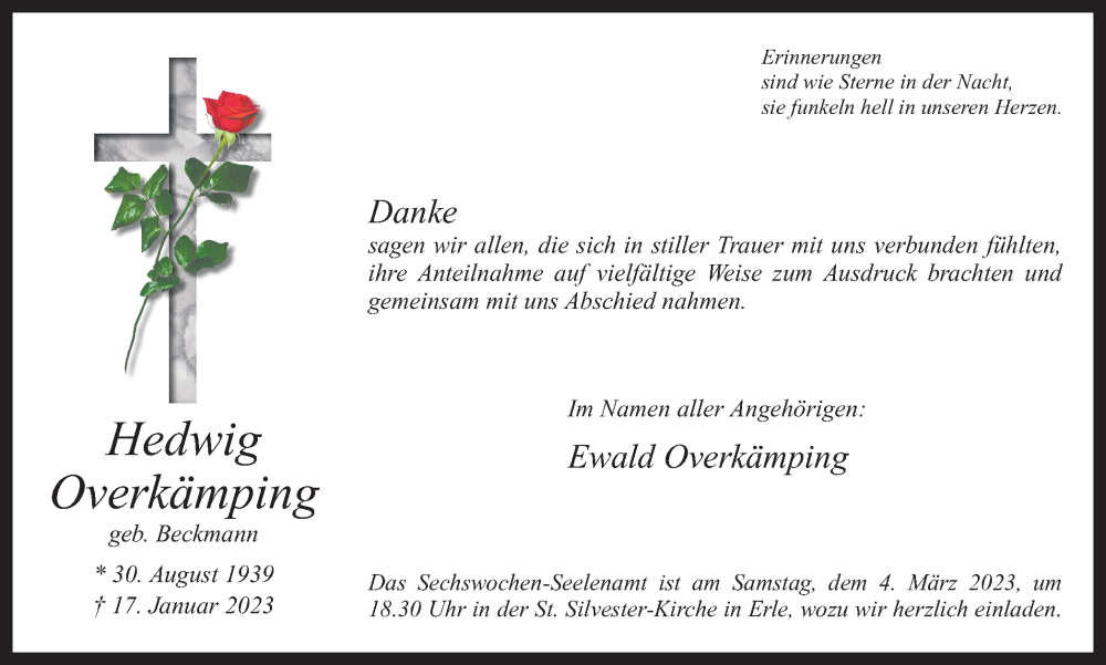  Traueranzeige für Hedwig Overkämping vom 01.03.2023 aus Ruhr Nachrichten und Dorstener Zeitung