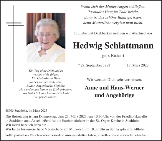 Traueranzeige von Hedwig Schlattmann von Münstersche Zeitung und Münsterland Zeitung