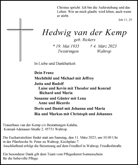 Traueranzeige von Hedwig van der Kemp von Medienhaus Bauer