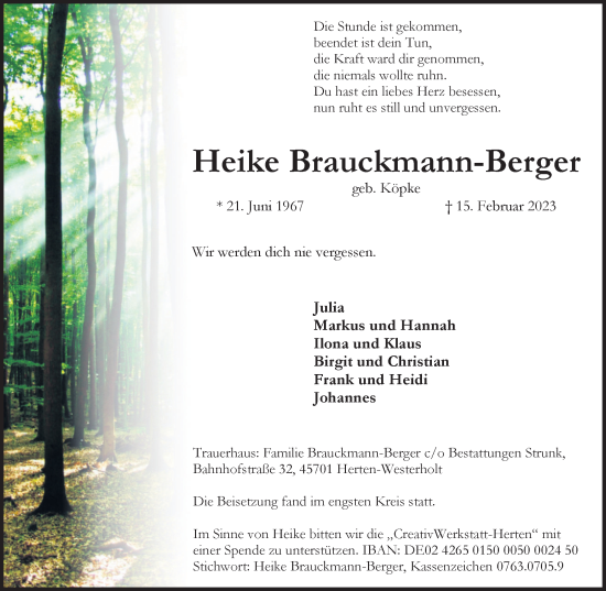 Traueranzeige von Heike Brauckmann-Berger von Medienhaus Bauer