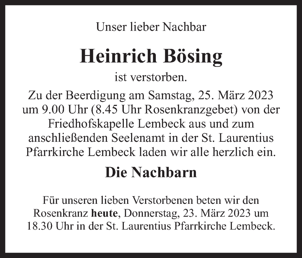  Traueranzeige für Heinrich Bösing vom 23.03.2023 aus Ruhr Nachrichten und Dorstener Zeitung