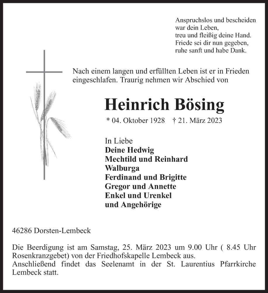  Traueranzeige für Heinrich Bösing vom 23.03.2023 aus Ruhr Nachrichten und Dorstener Zeitung