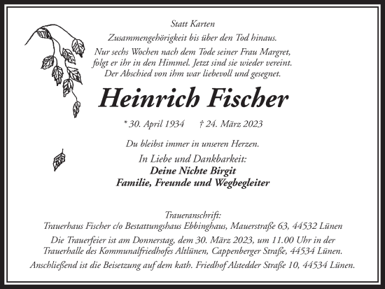 Traueranzeige von Heinrich Fischer von Ruhr Nachrichten