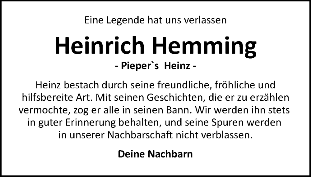  Traueranzeige für Heinrich Hemming vom 22.03.2023 aus Münstersche Zeitung und Münsterland Zeitung