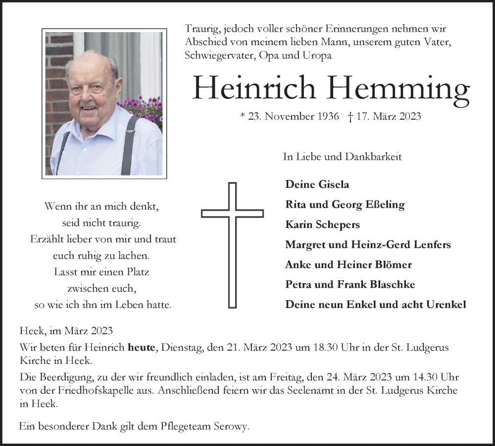  Traueranzeige für Heinrich Hemming vom 21.03.2023 aus Münstersche Zeitung und Münsterland Zeitung