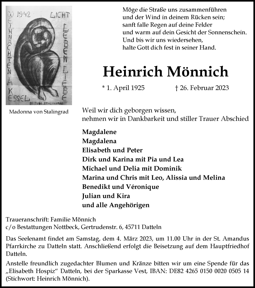  Traueranzeige für Heinrich Mönnich vom 01.03.2023 aus Medienhaus Bauer
