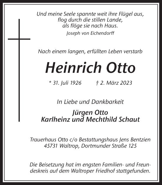 Traueranzeige von Heinrich Otto von Medienhaus Bauer