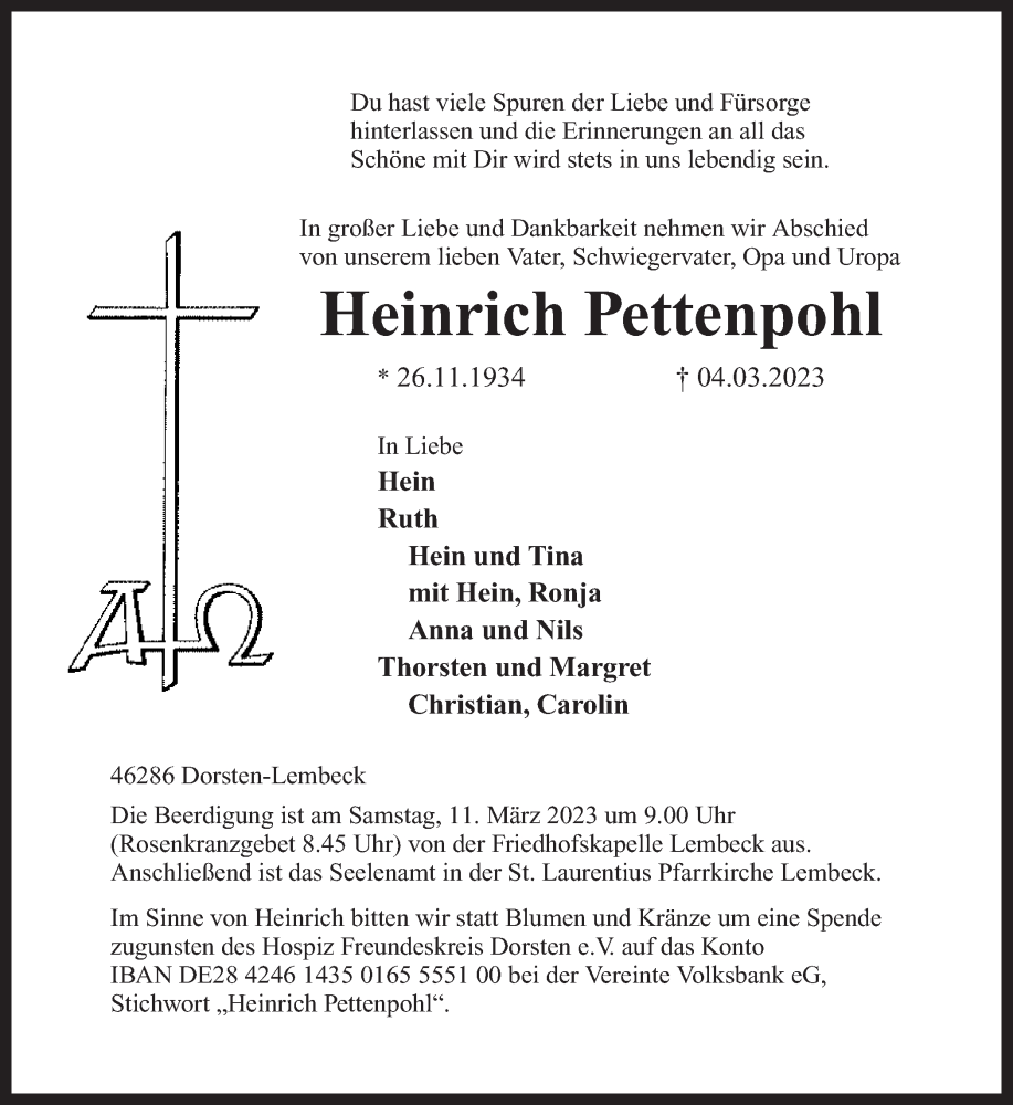  Traueranzeige für Heinrich Pettenpohl vom 08.03.2023 aus Ruhr Nachrichten und Dorstener Zeitung