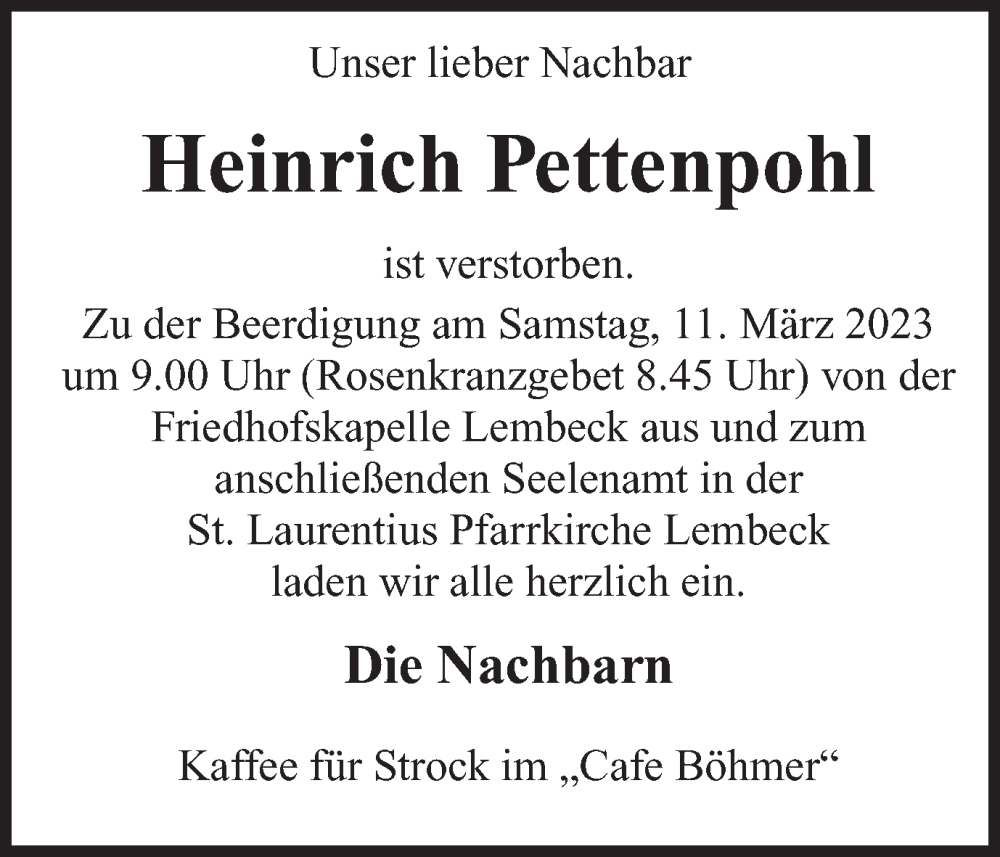  Traueranzeige für Heinrich Pettenpohl vom 08.03.2023 aus Ruhr Nachrichten und Dorstener Zeitung