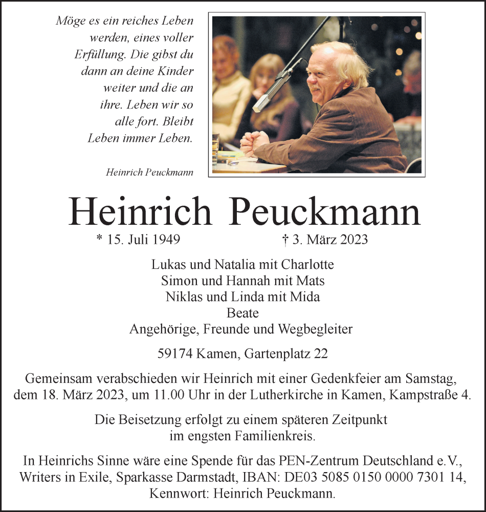  Traueranzeige für Heinrich Peuckmann vom 11.03.2023 aus Hellweger Anzeiger