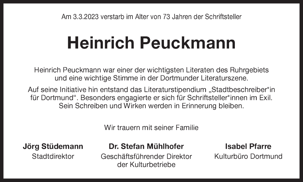  Traueranzeige für Heinrich Peuckmann vom 11.03.2023 aus 