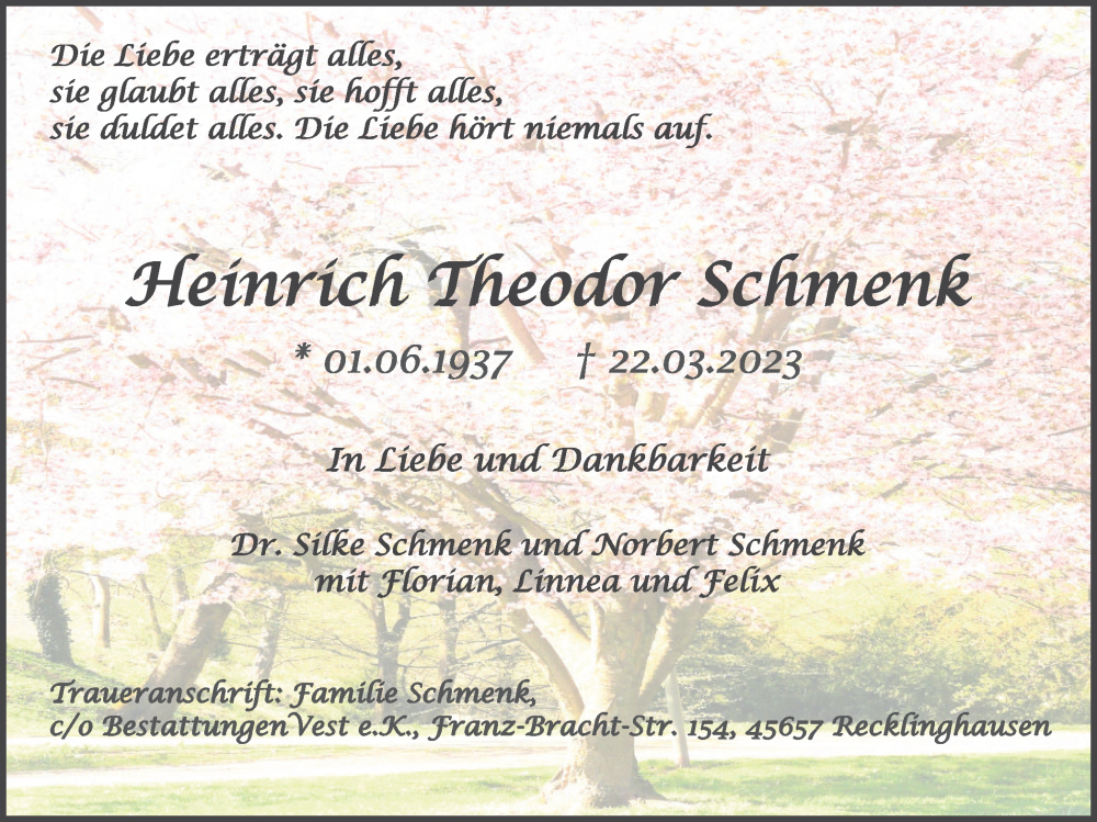  Traueranzeige für Heinrich  Schmenk vom 25.03.2023 aus Medienhaus Bauer