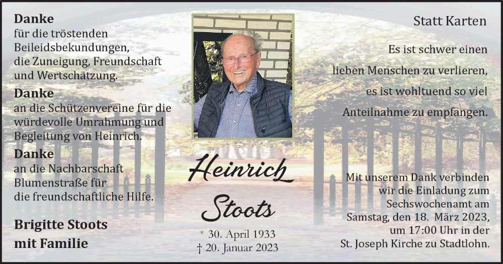  Traueranzeige für Heinrich Stoots vom 15.03.2023 aus Münstersche Zeitung und Münsterland Zeitung