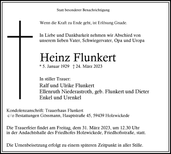 Traueranzeige von Heinz Flunkert von Hellweger Anzeiger