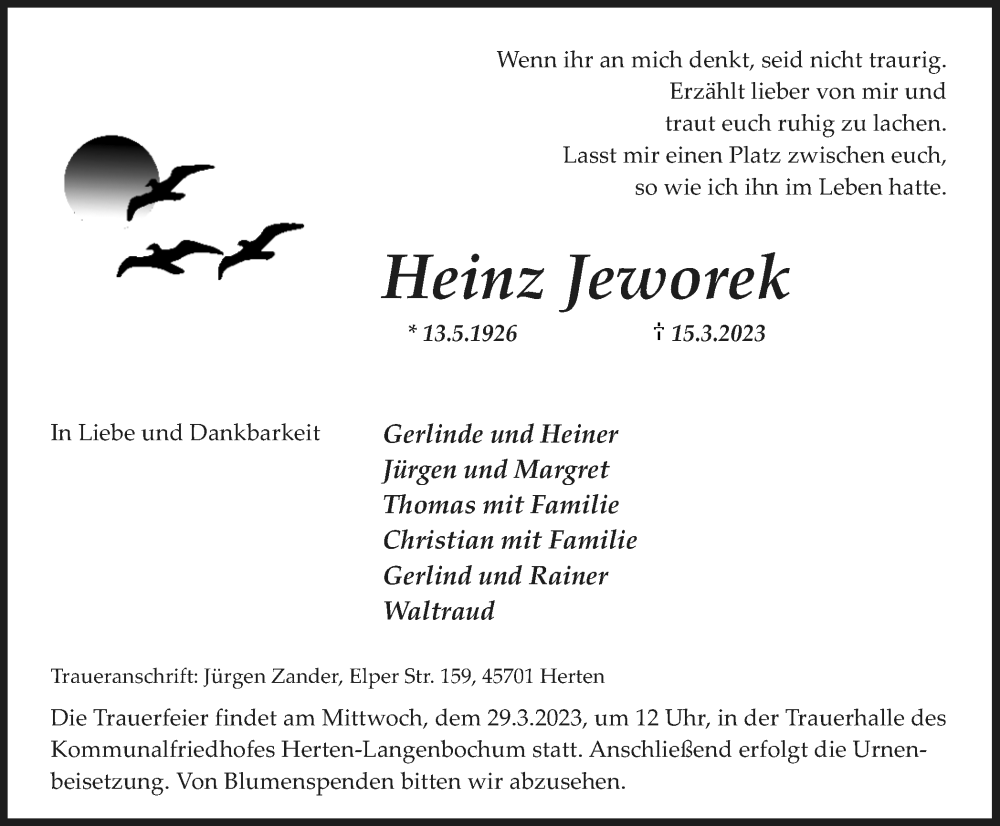  Traueranzeige für Heinz Jeworek vom 18.03.2023 aus Medienhaus Bauer