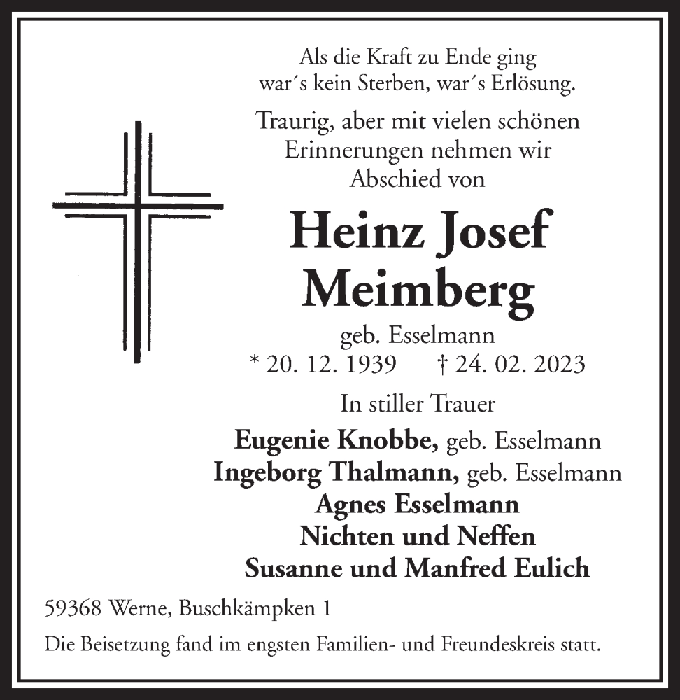  Traueranzeige für Heinz Josef Meimberg vom 18.03.2023 aus Ruhr Nachrichten