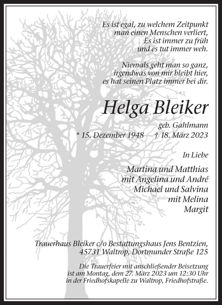  Traueranzeige für Helga Bleiker vom 22.03.2023 aus Medienhaus Bauer
