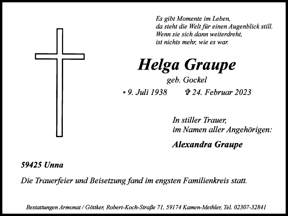  Traueranzeige für Helga Graupe vom 18.03.2023 aus 