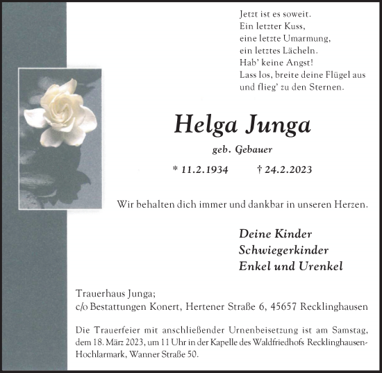 Traueranzeige von Helga Junga von Medienhaus Bauer