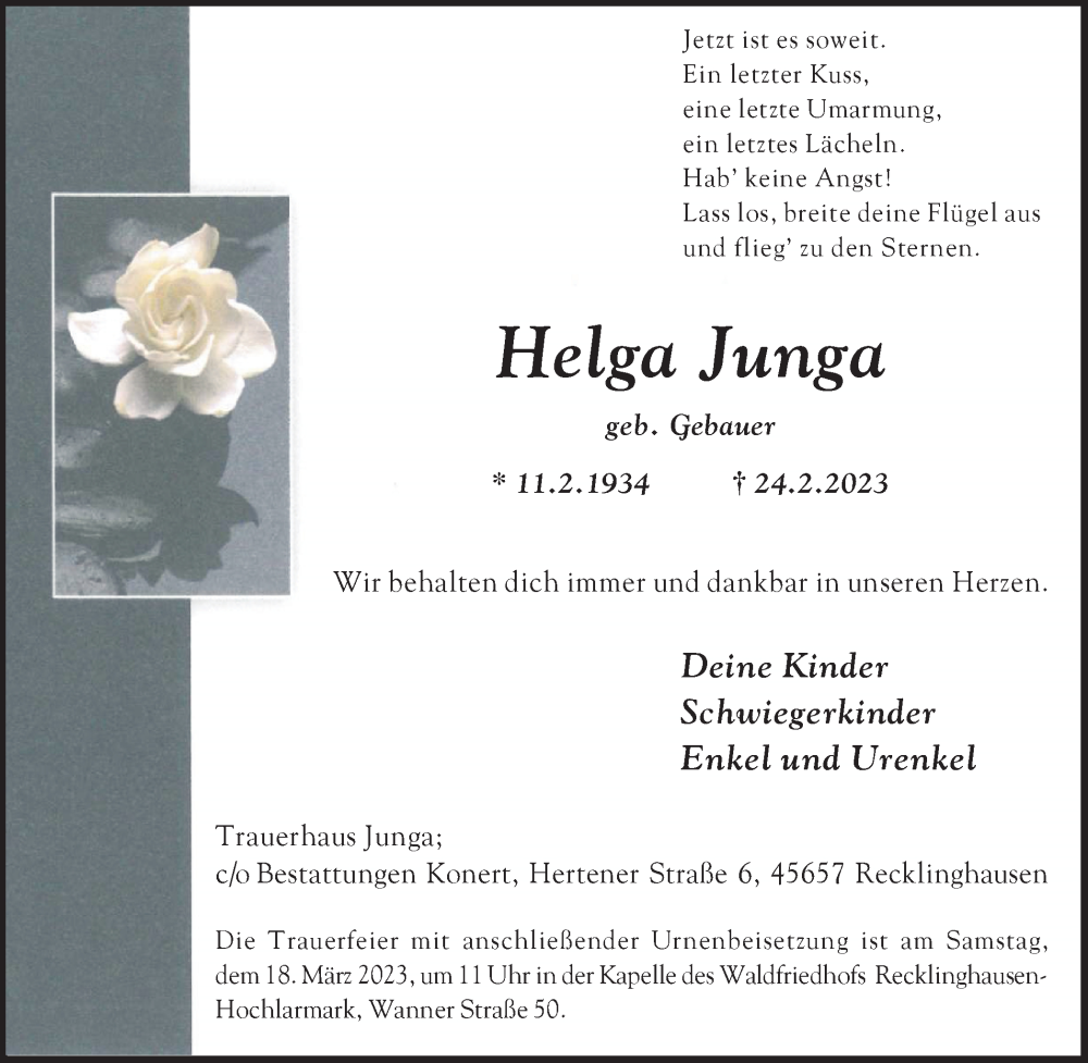  Traueranzeige für Helga Junga vom 11.03.2023 aus Medienhaus Bauer