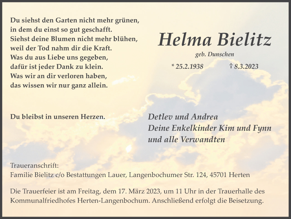  Traueranzeige für Helma Bielitz vom 11.03.2023 aus Medienhaus Bauer