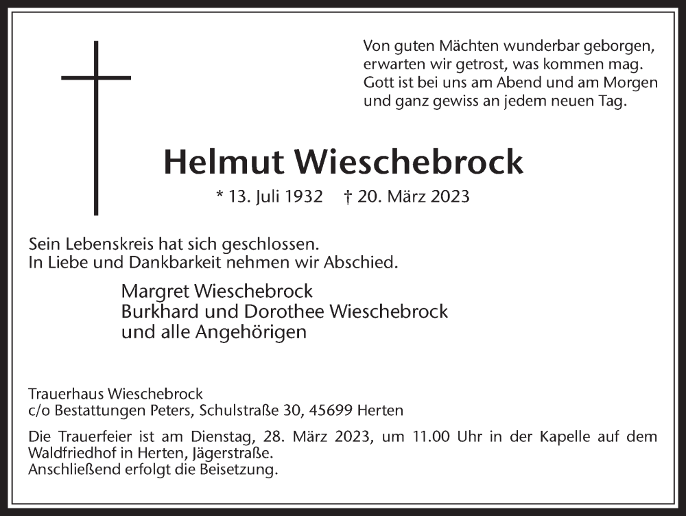  Traueranzeige für Helmut Wieschebrock vom 25.03.2023 aus Medienhaus Bauer