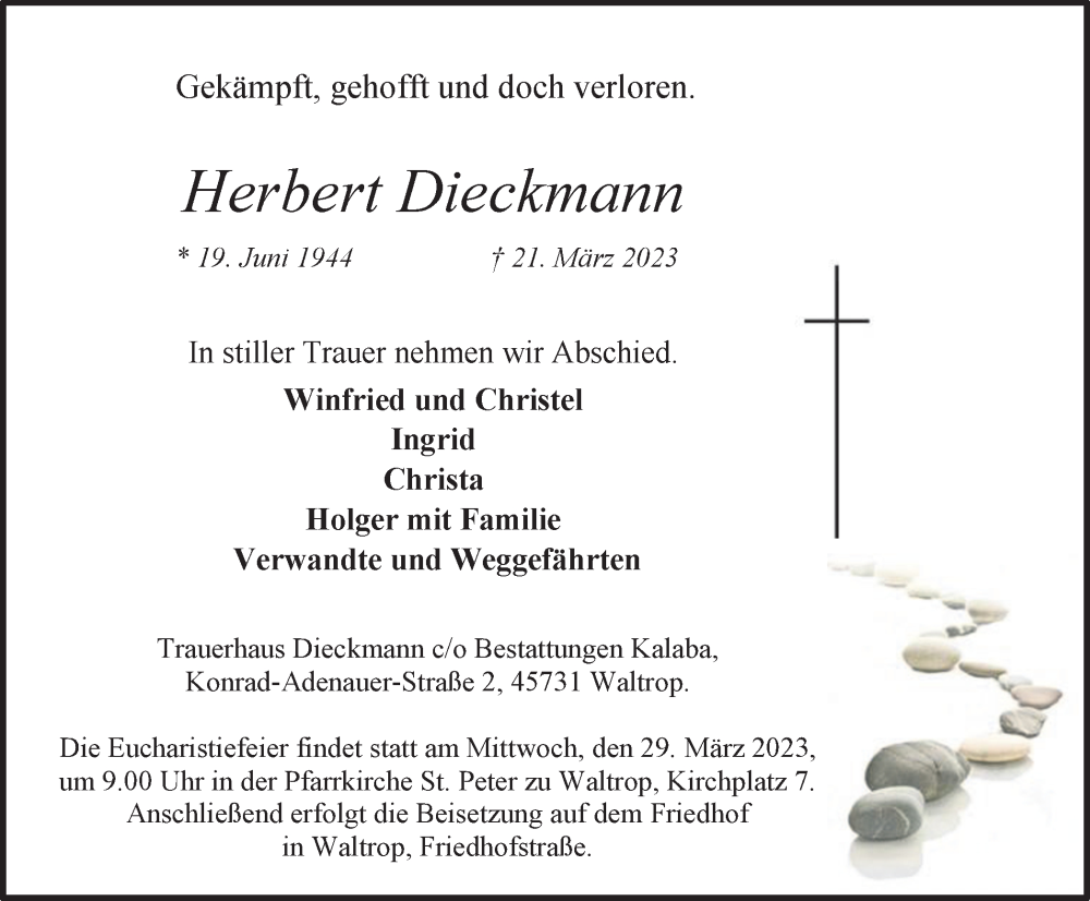  Traueranzeige für Herbert Dieckmann vom 25.03.2023 aus Medienhaus Bauer