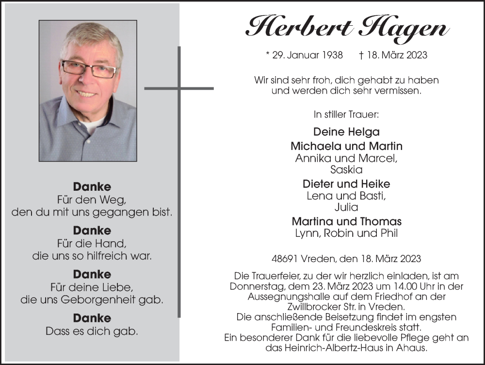  Traueranzeige für Herbert Hagen vom 22.03.2023 aus Münstersche Zeitung und Münsterland Zeitung