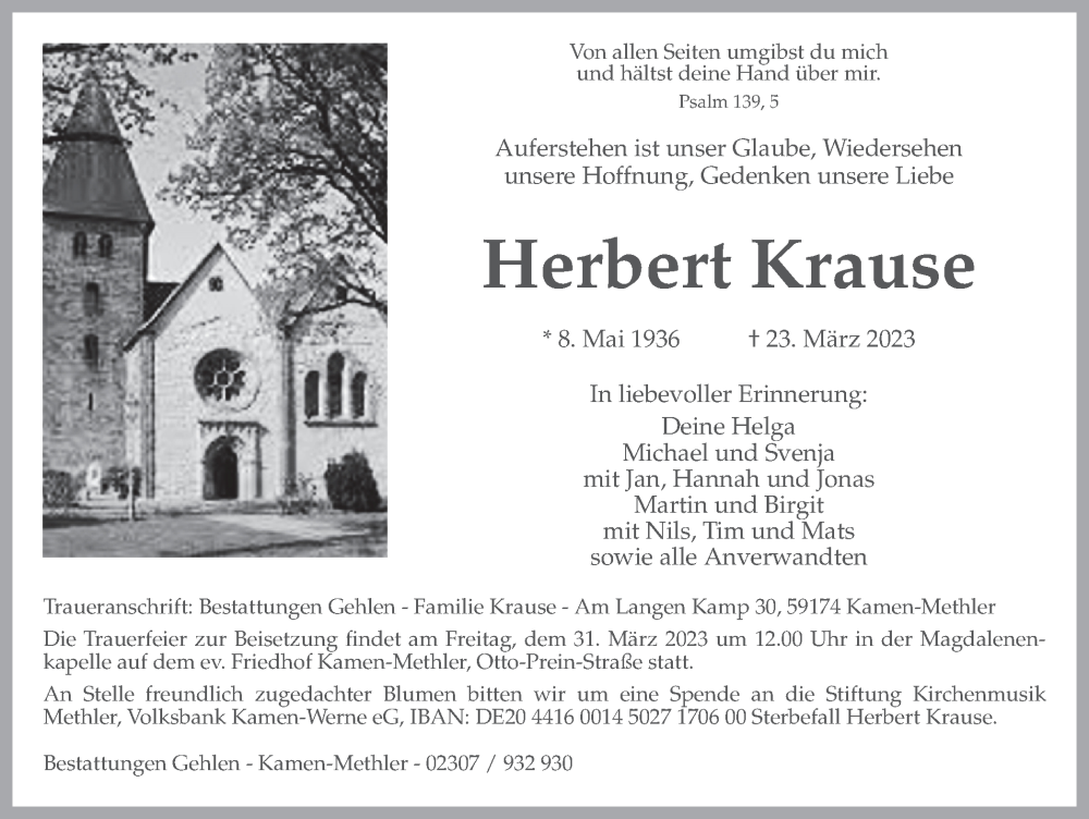  Traueranzeige für Herbert Krause vom 28.03.2023 aus Hellweger Anzeiger