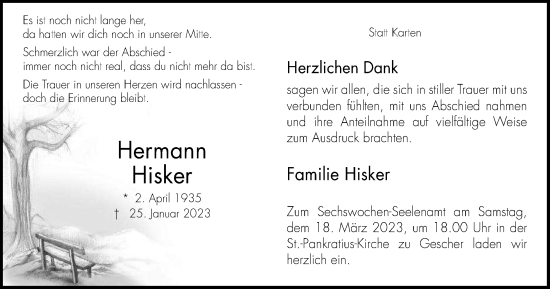 Traueranzeige von Hermann Hisker von Münstersche Zeitung und Münsterland Zeitung